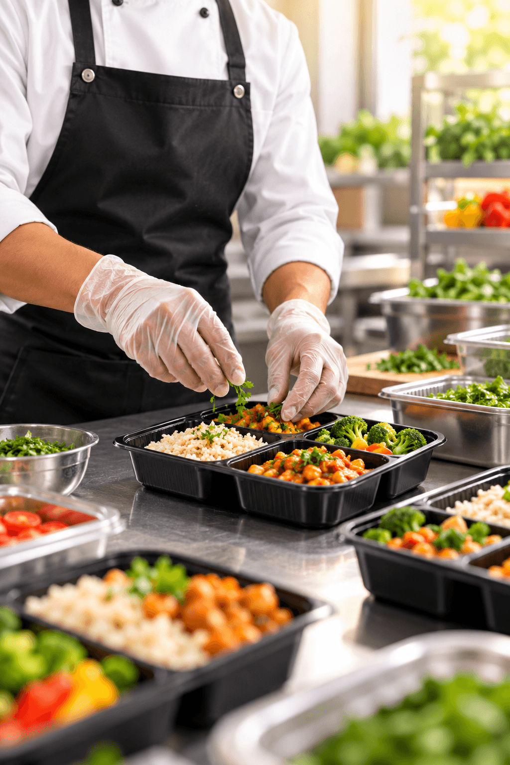 Gloved hands plating meals into sealed compartment trays