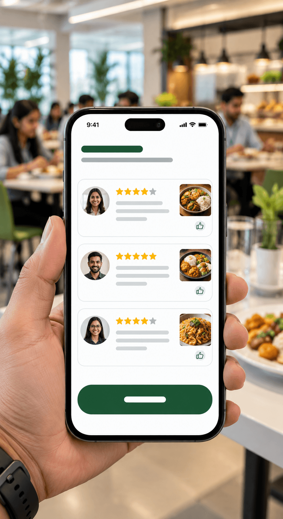 Illustration of a digital cafeteria menu screen with three dishes and an order button