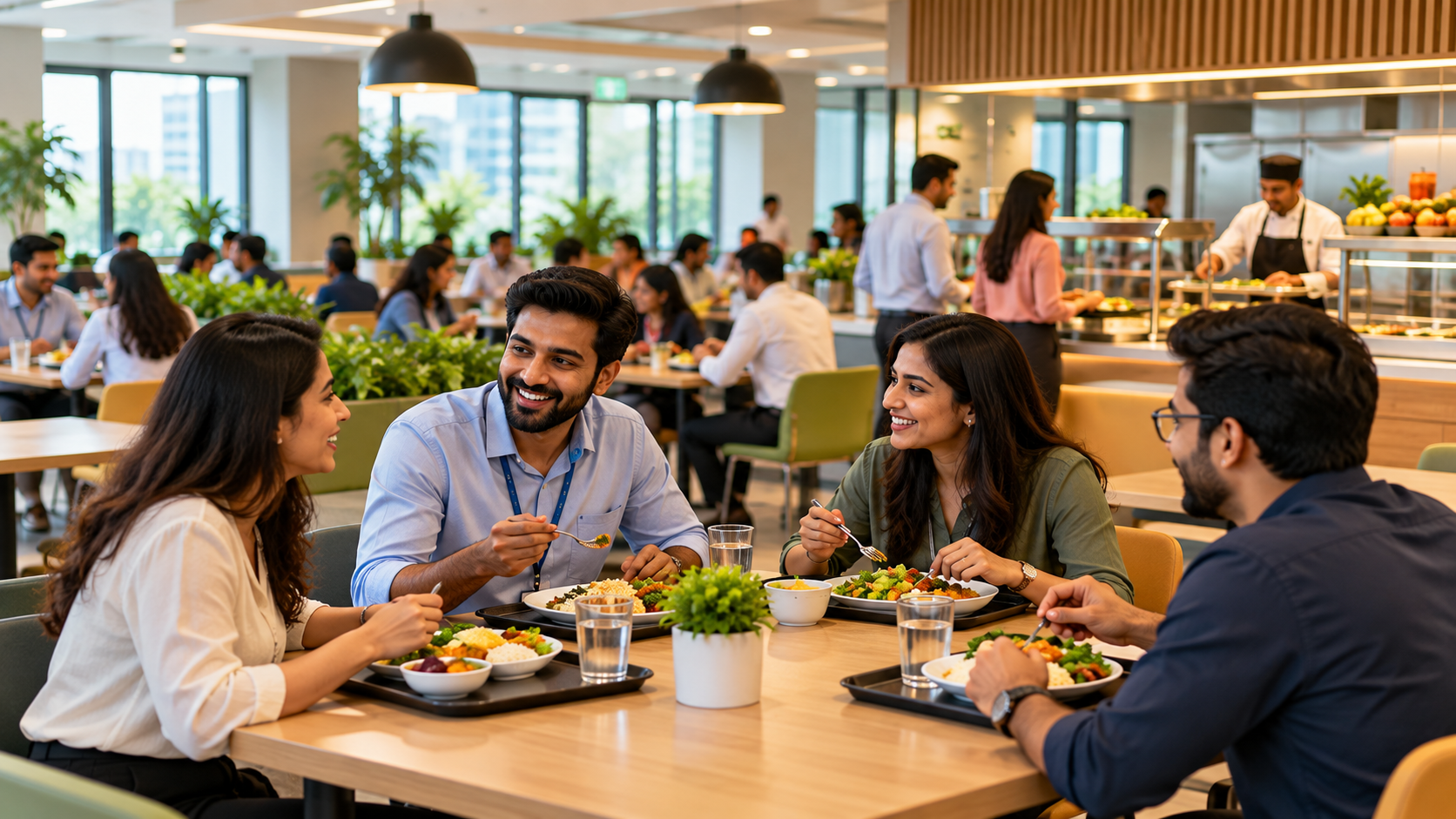 Employees enjoying a meal in a modern workplace cafeteria